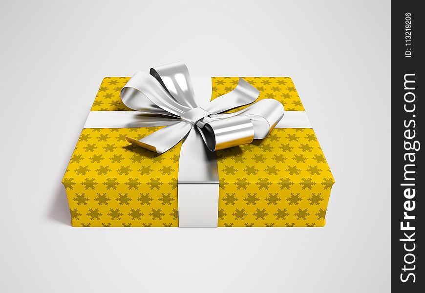 Gift in yellow paper with bow 3d rendering on gray background wi