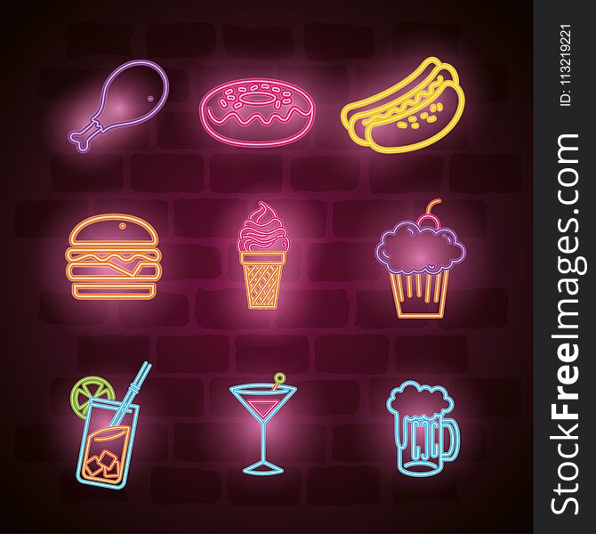 Fast food and drinks with neon lights icons