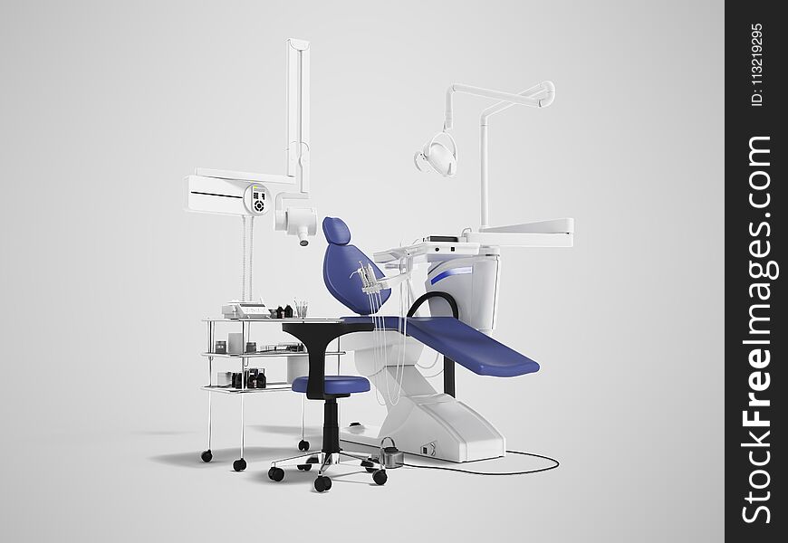 A modern dental chair with a semi automatic backrest lift with an office chair and equipment cabinet and a denture tool. A modern dental chair with a semi automatic backrest lift with an office chair and equipment cabinet and a denture tool