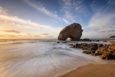 Amazing Sunset Beach On The Coast Of Portugal. Stock Photos