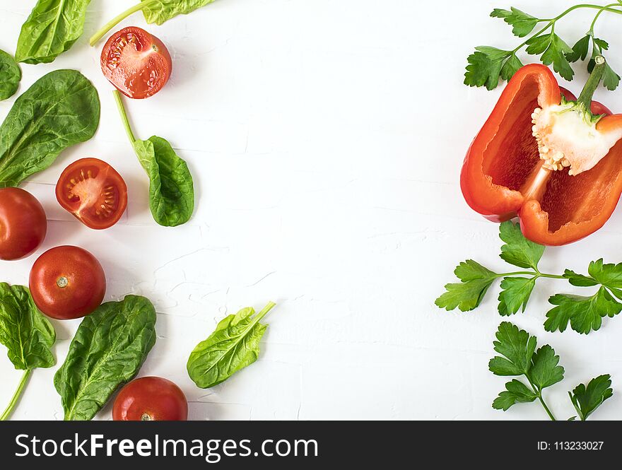 Healthy food background with various vegetables, top view, copy space