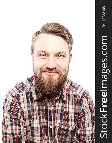 Happy caucasian bearded man in checkered shirt isolated on white background. Happy caucasian bearded man in checkered shirt isolated on white background