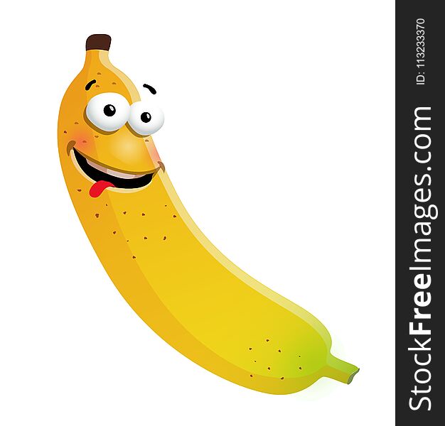 Fun cute banana cartoon character. Vector illustration, isolated, clip-art on a white background