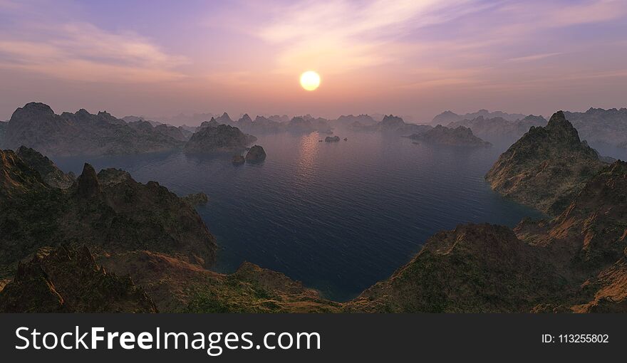 Mountain sunset, landscape of mountains with water and sun, panorama of mountains, 3D rendering