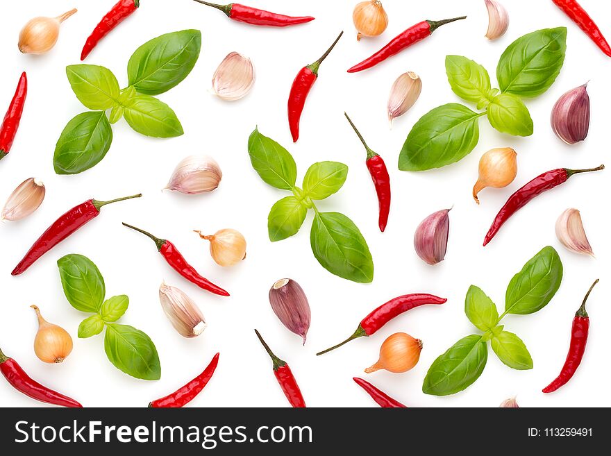 Basil And Garlic Isolated On White Background, Top View. Wallpaper Abstract Composition Of Vegetables.