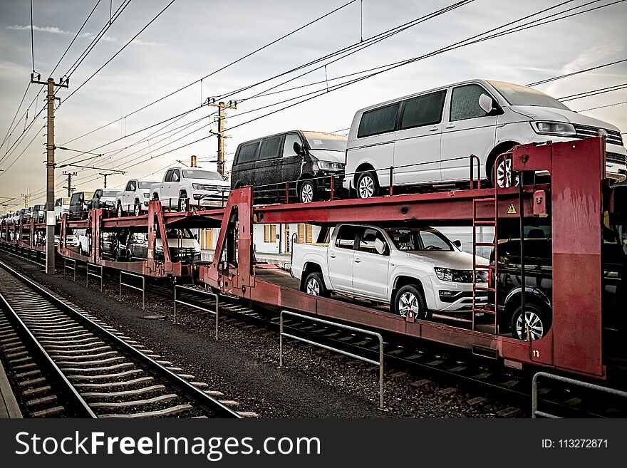 Freight train carrying many cars