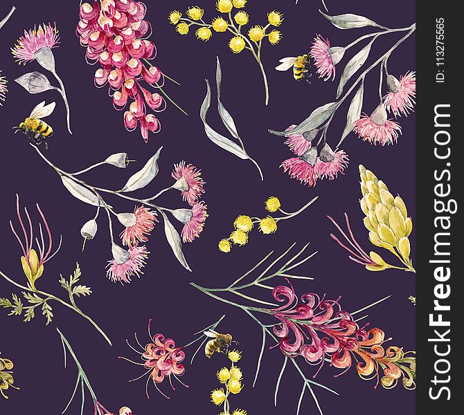 Beautiful seamless pattern with watercolor australian tropical grevillea flowers. Beautiful seamless pattern with watercolor australian tropical grevillea flowers