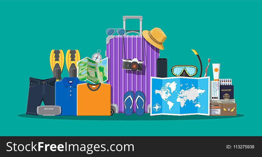 Big travel set. Summer holiday, tourism and vacation items. Bag photo camera compass, wallet, map, scuba mask, flip flops, hat shirt, shorts, passport ticket wallet Vector flat style. Big travel set. Summer holiday, tourism and vacation items. Bag photo camera compass, wallet, map, scuba mask, flip flops, hat shirt, shorts, passport ticket wallet Vector flat style