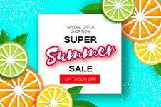 Lemon, Lime, Orange. Citrus Super Summer Sale Banner In Paper Cut Style. Origami Juicy Ripe Slices. Leaves. Healthy Food Stock Image