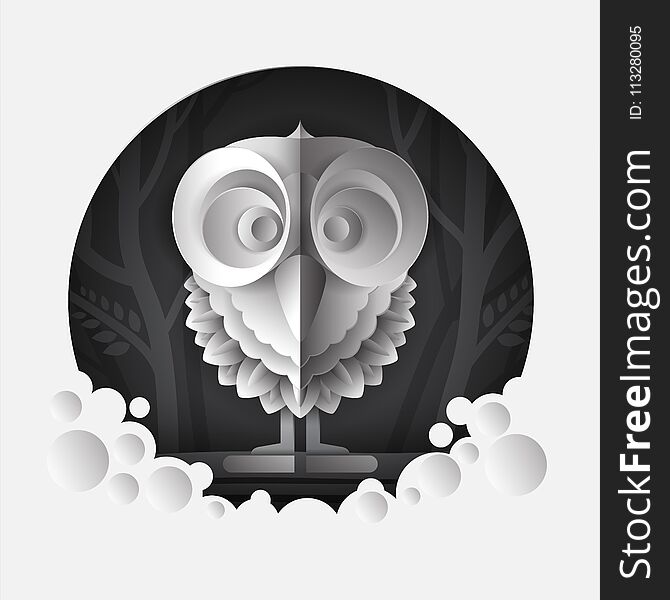 Illustration of owl at the jungle in paper art style. Illustration of owl at the jungle in paper art style