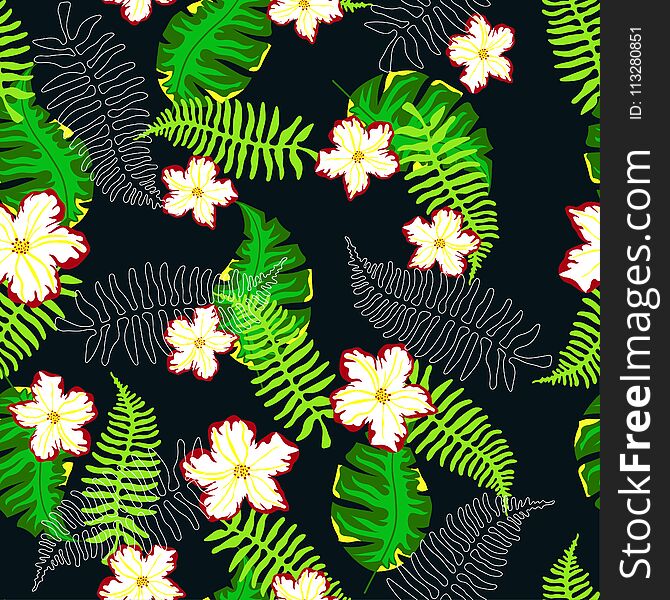 Seamless pattern with leaves of ferns and tropical flowers and leaves, colorful floral background. Seamless pattern with leaves of ferns and tropical flowers and leaves, colorful floral background