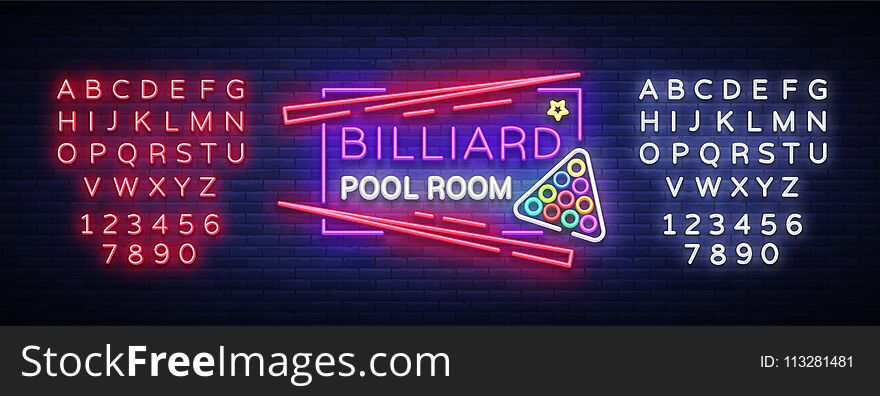Billiard club neon sign. Billiard pool room Design template Bright neon emblem, logo for Billiard Club, Bar, Tournament