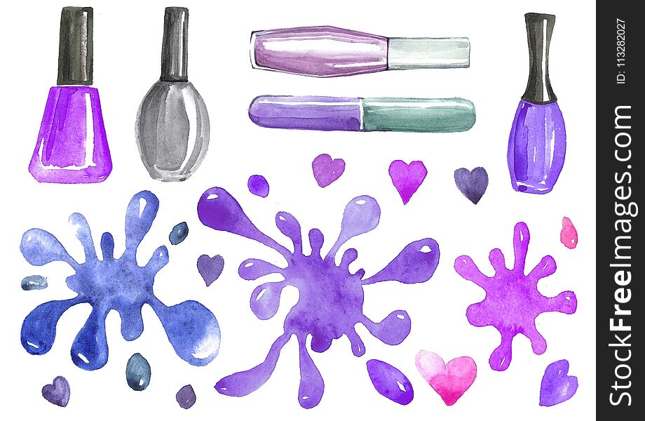 Illustration of a set of cosmetic nail polish and colored blots