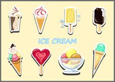 Set Of Different Types And Flavors Of Ice Cream. Illustration In The Form Of A Sticker. Stock Photography