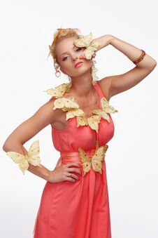 Blond Woman In A Red Dress. Stock Image