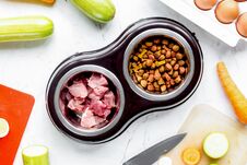 Dogfood Set With Cut Vegetables And Knife On Table Background To Stock Photo Dogfood Set With Cut Vegetables And Knife On Table Background To Stock Photo