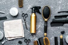 Hair Cutting Preparation With Hairdresser Tools On Desk Backgrou Stock Photo