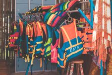 Group Of Life Jacket Or Life Vest On The Beach. Bali Island. Royalty Free Stock Photography
