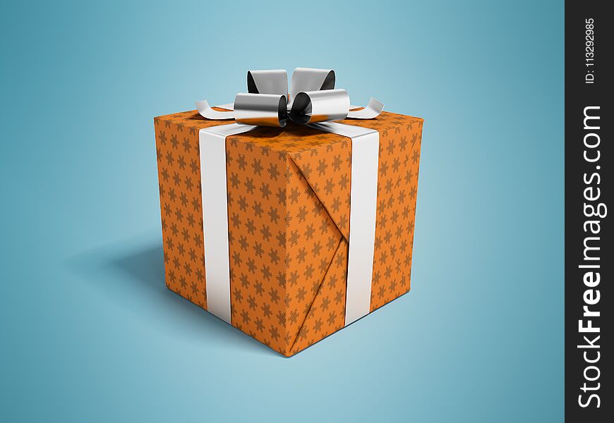 Gift In Orange Paper With Bow And Ribbons 3d Rendering On Blue B