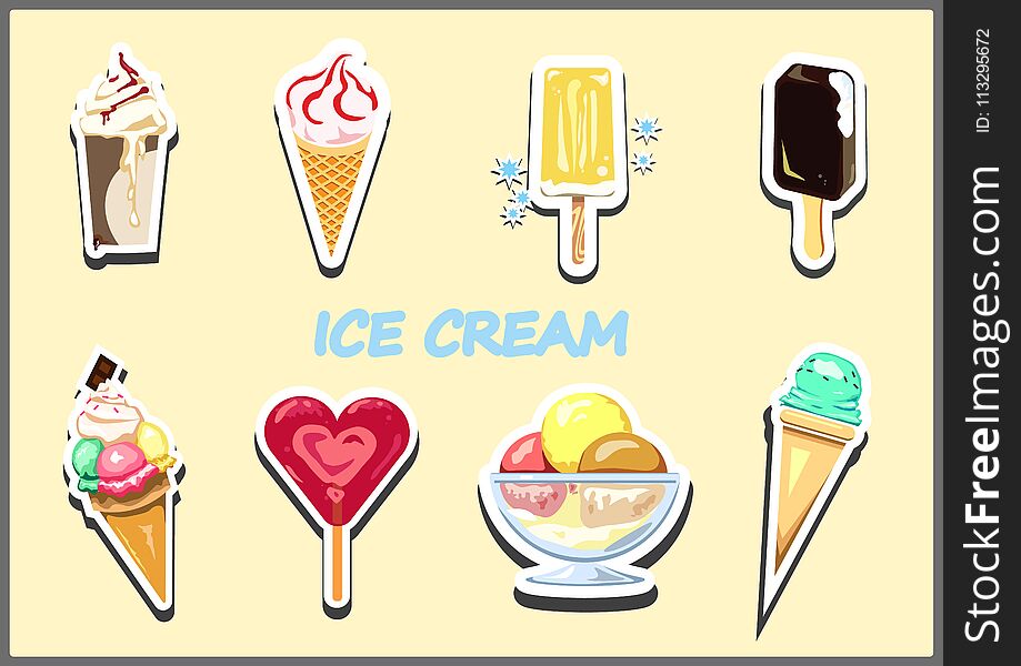 Set of different types and flavors of ice cream. Illustration in the form of a sticker.