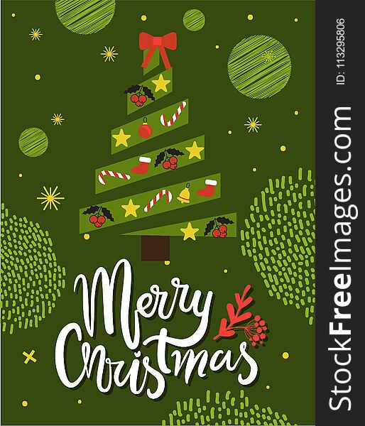 Merry Christmas greeting card with abstract xmas tree made of ribbons and decorated be new year symbols, circular figures vector on green background. Merry Christmas greeting card with abstract xmas tree made of ribbons and decorated be new year symbols, circular figures vector on green background