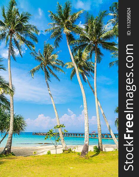 Beautiful tropical beach and sea with coconut palm tree in paradise island - Holiday Vacation concept