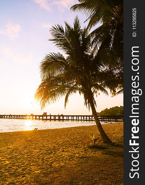 Beautiful tropical coconut palm tree on sky with sea and beach - Vintage Filter