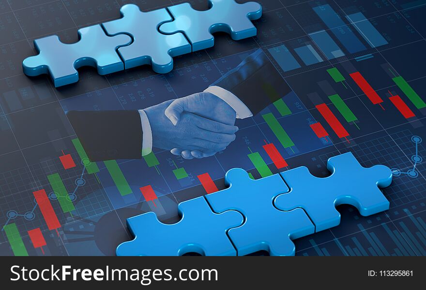 Merger and acquisition business concept, join company on puzzle pieces, 3d rendering