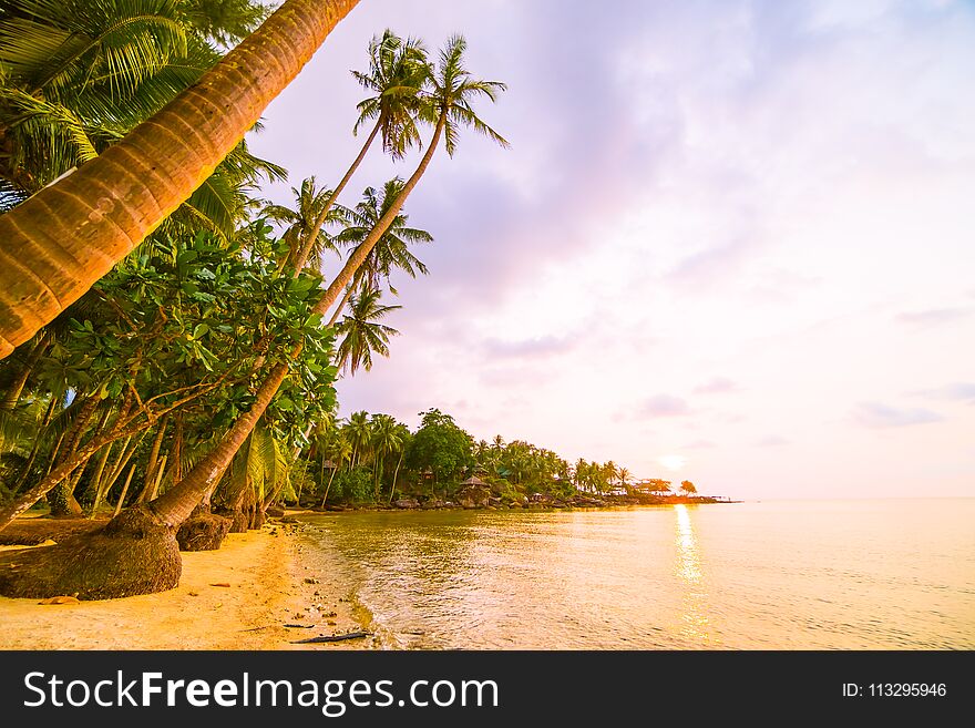Beautiful paradise island with beach and sea around coconut palm tree at sunset time - Holiday Vacation and Travel concept