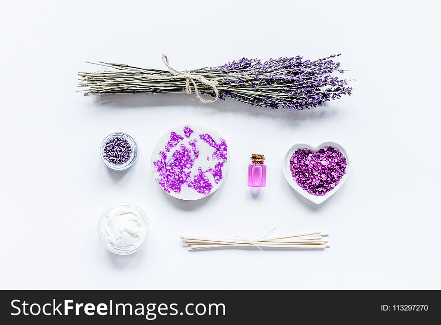 Lavender Herbs In Body Care Cosmetics Top View Space For Text