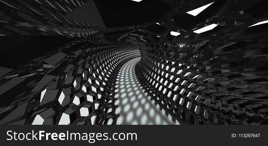 3D Rendering Of Abstract Hexagon Grid Mesh Tunnel