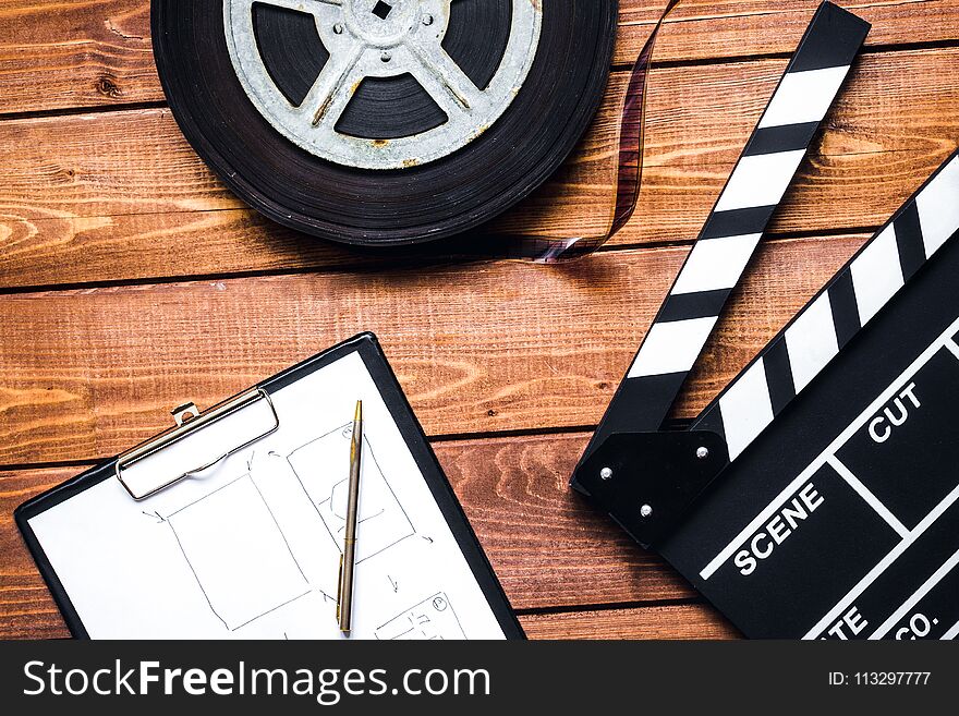 Work Screenwriter On Wooden Background Top View