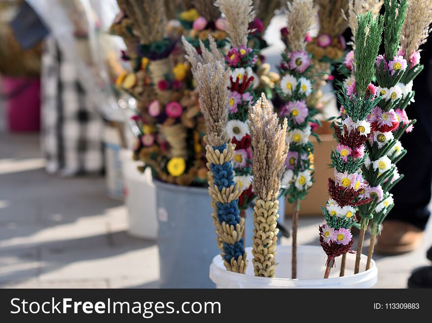 Traditional Lithuanian Easter palm known as Verbos on Easter market in Vilnius, Lithuania