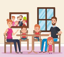 Cute Family Happy In The Dining Room Characters Stock Image