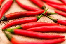 Red Chili Peppers On Beige Canvas Cloth Royalty Free Stock Photo