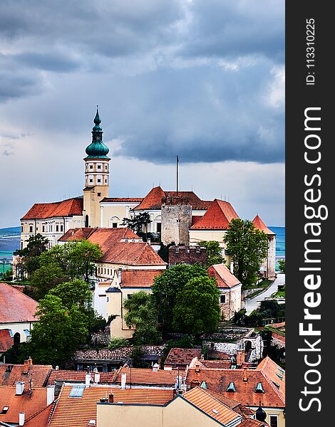 Mikulov castle or Mikulov chateau on top of rock colorful panorama view over rooftops on the city.South Moravia.Czech republic