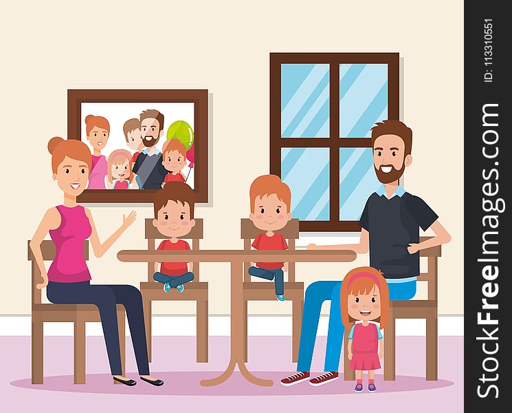 Cute family happy in the dining room characters vector illustration design