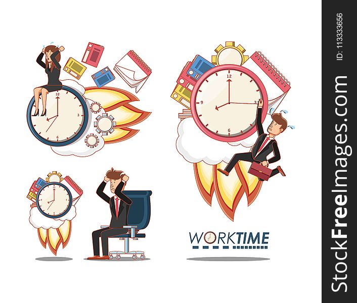 Businesspeople avatars with work time elements