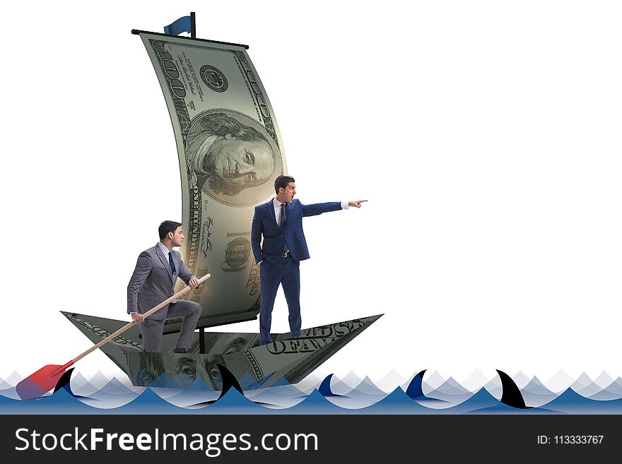 The Businessman Rowing On Dollar Boat In Business Financial Concept