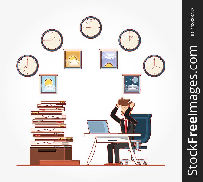 Businessman avatar with work time elements vector illustration