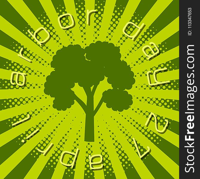 National Arbor Day. Silhouette of a tree. Circular inscription - name and date of event. On a green background. Pop art style. For banners, invitations, blogs. National Arbor Day. Silhouette of a tree. Circular inscription - name and date of event. On a green background. Pop art style. For banners, invitations, blogs