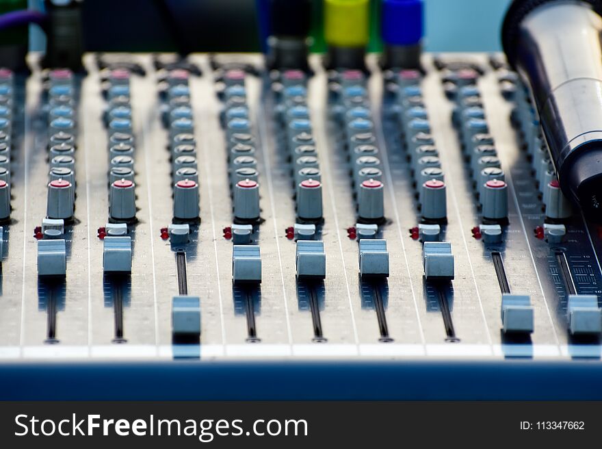 Close-up of sound recording audio mixer in a event