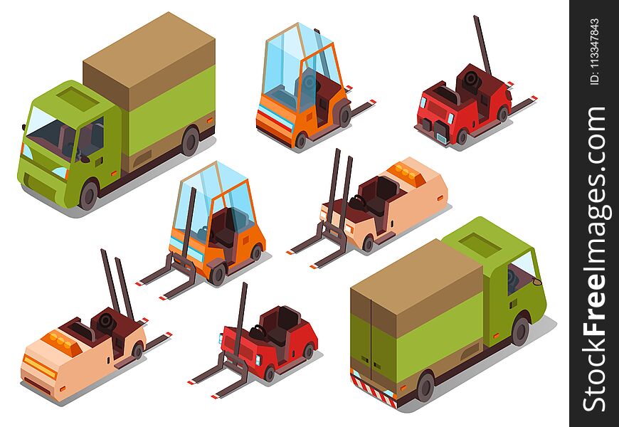 Isometric loader trucks vector illustration isolated icons of warehouse forklift trucks and logistics trailers. Isometric transport collection of industrial cars for cargo loading and transportation