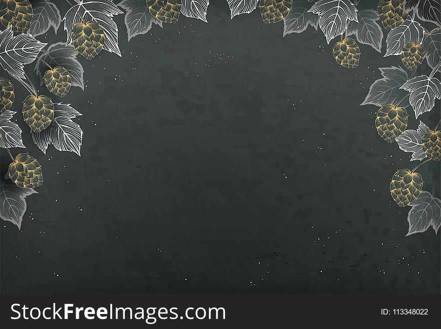 Retro engraving style background, decorative hops and leaves on blackboard background