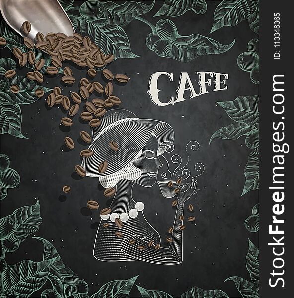 Elegant lady drinking coffee, engraving style leaves and coffee cherries frame on chalkboard background, coffee shovel in 3d illustration