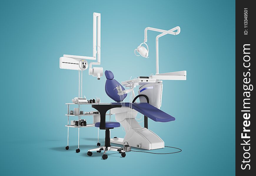 A modern dental chair with a semi automatic backrest lift with an office chair and equipment cabinet and a denture tool. A modern dental chair with a semi automatic backrest lift with an office chair and equipment cabinet and a denture tool