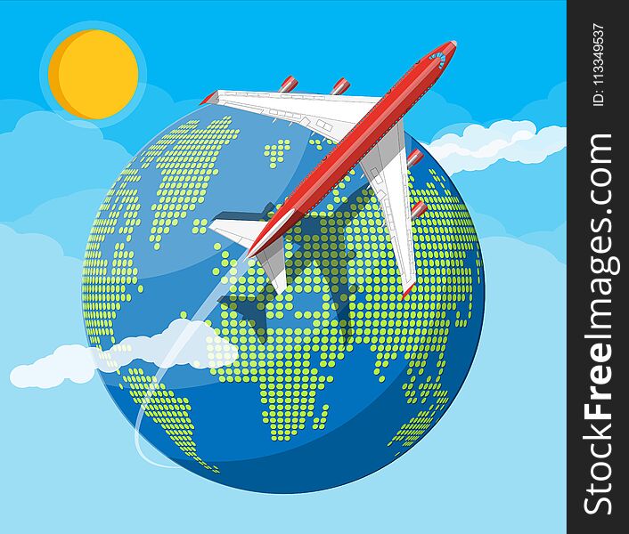 Airplane top view. Passenger or commercial jet. Globe in dots. Cartography and geography. Sun, sky, clouds. Aircrfat lat style. Journey or vacation, business trip. Vector illustration. Airplane top view. Passenger or commercial jet. Globe in dots. Cartography and geography. Sun, sky, clouds. Aircrfat lat style. Journey or vacation, business trip. Vector illustration