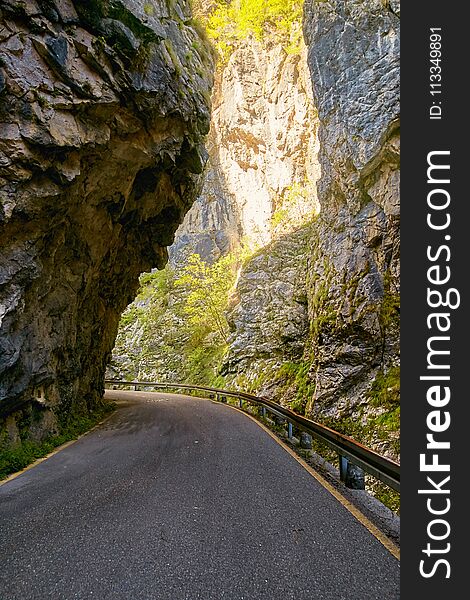 Mountain Narrow Road Through The Gorge In The Mountains Of Italy.