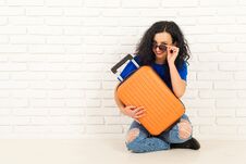 Happy Young Woman In Sunglasses Holds Modern Suitcase On White B Stock Photo