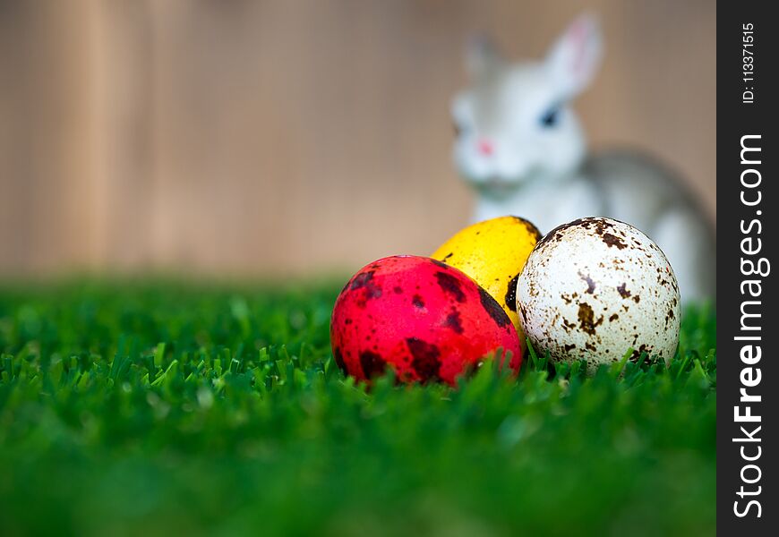 Select focus of the colorful easter eggs. Placed on green grass. Have a cute rabbit in the back. The back is a brown wood frame. The concept of easter